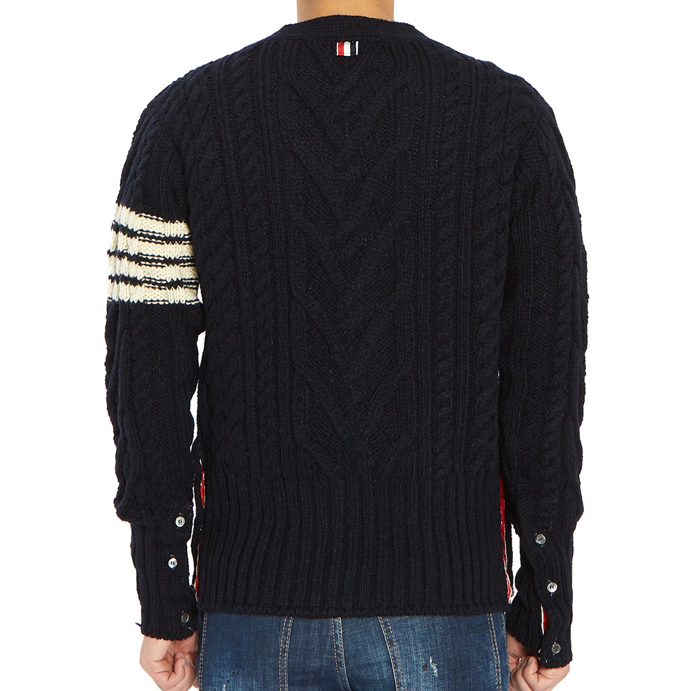 톰브라운(THOM BROWNE) 사선 완장 아란 케이블 남자 울 가디건 MKC220A 00278 415
