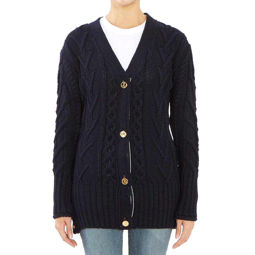 톰브라운(THOM BROWNE) 삼선 아란 케이블 여자 울 가디건 FKC264A 00014 415