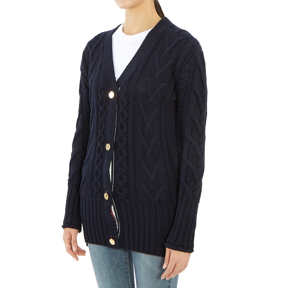 톰브라운(THOM BROWNE) 삼선 아란 케이블 여자 울 가디건 FKC264A 00014 415