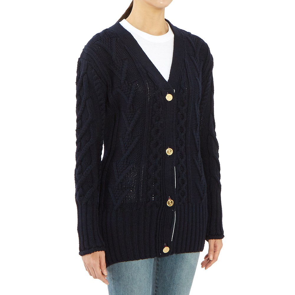 톰브라운(THOM BROWNE) 삼선 아란 케이블 여자 울 가디건 FKC264A 00014 415