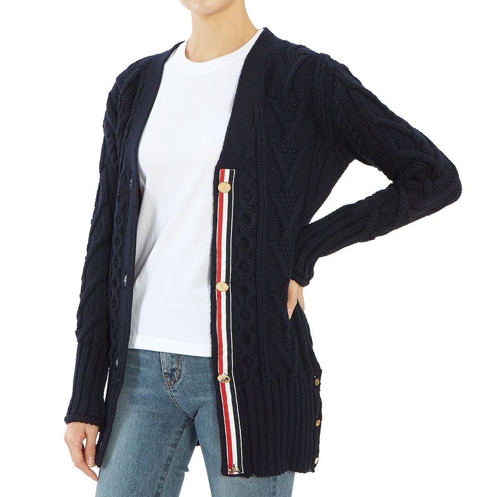 톰브라운(THOM BROWNE) 삼선 아란 케이블 여자 울 가디건 FKC264A 00014 415