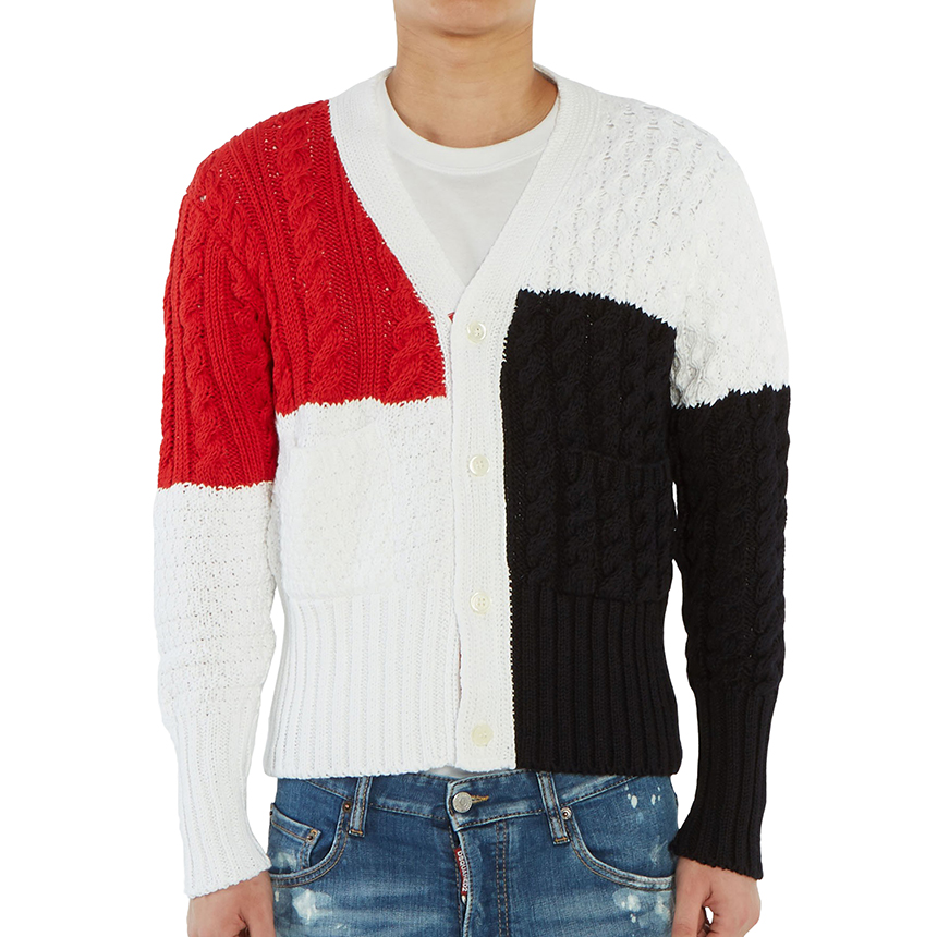 톰브라운(THOM BROWNE) 인타르시아 펀믹스 아란 케이블 남자 가디건 MKC259B 00219 960