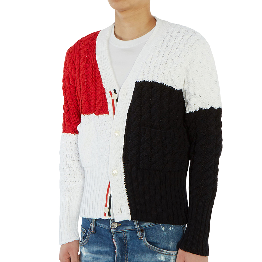 톰브라운(THOM BROWNE) 인타르시아 펀믹스 아란 케이블 남자 가디건 MKC259B 00219 960