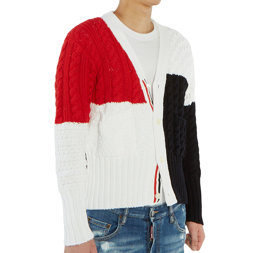 톰브라운(THOM BROWNE) 인타르시아 펀믹스 아란 케이블 남자 가디건 MKC259B 00219 960