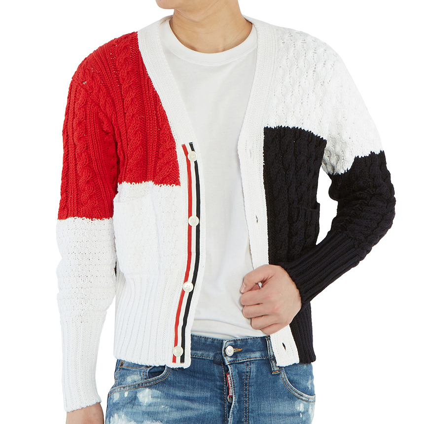 톰브라운(THOM BROWNE) 인타르시아 펀믹스 아란 케이블 남자 가디건 MKC259B 00219 960