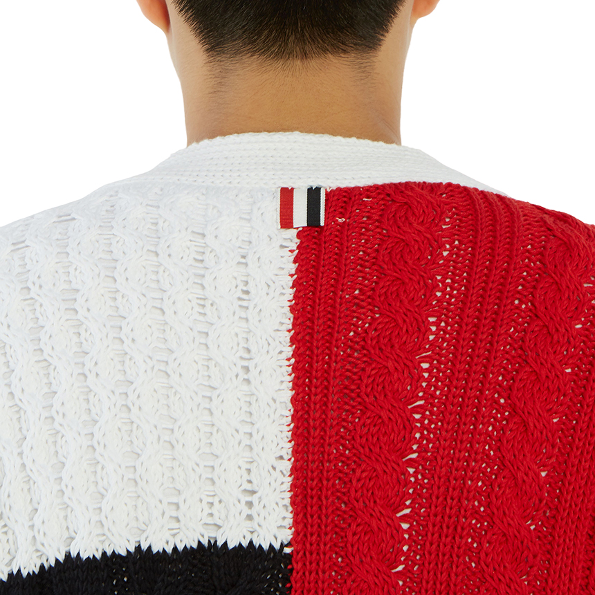 톰브라운(THOM BROWNE) 인타르시아 펀믹스 아란 케이블 남자 가디건 MKC259B 00219 960
