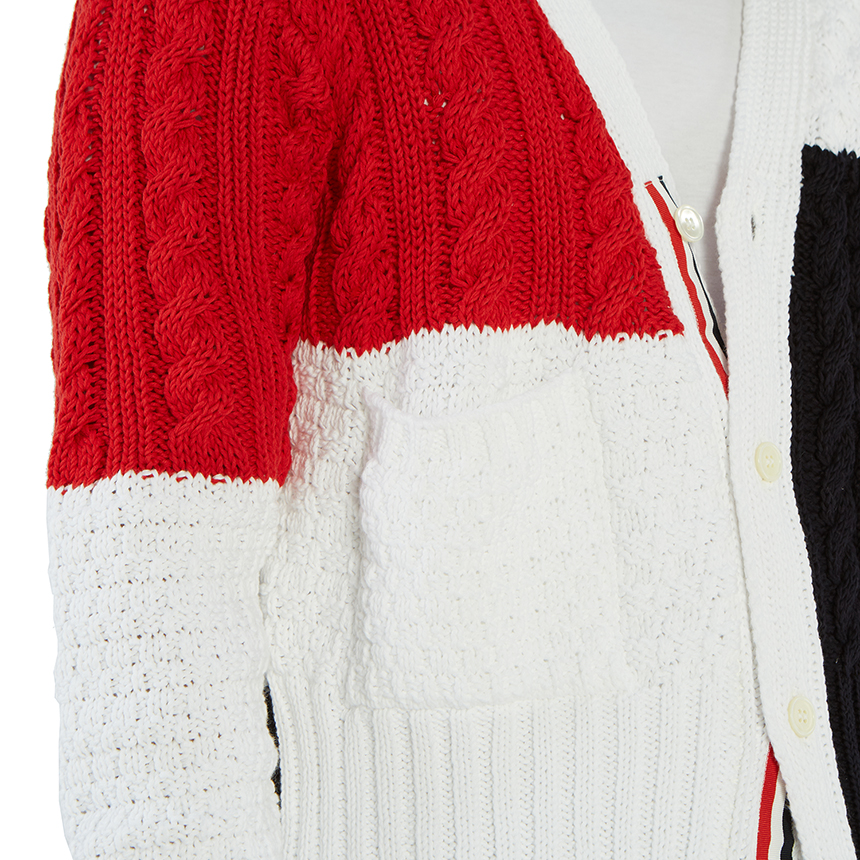 톰브라운(THOM BROWNE) 인타르시아 펀믹스 아란 케이블 남자 가디건 MKC259B 00219 960