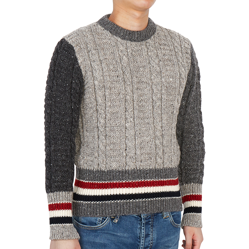 톰브라운(THOM BROWNE) 삼선 스트라이프 펀믹스 남자 울 모헤어 트위드 니트 MKA369F Y1502 982