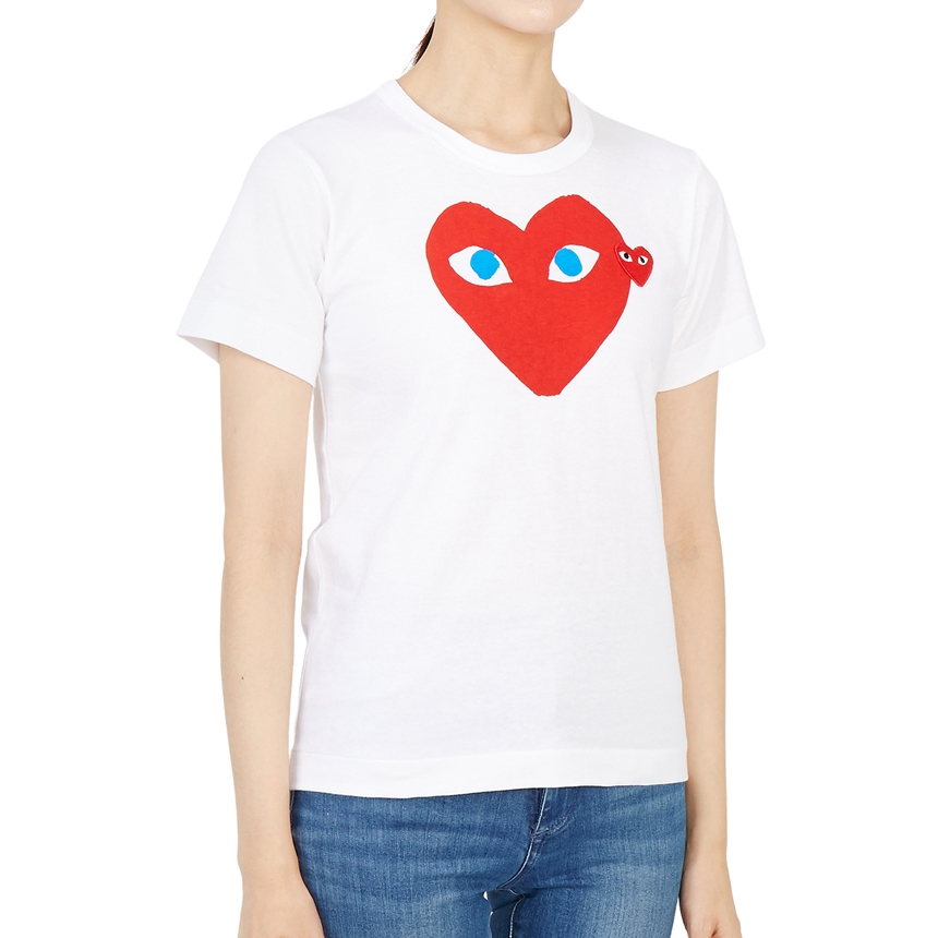 꼼데가르송(COMME DES GARCONS) 더블하트 레드와펜 라운드넥여자 반팔티셔츠 AZ T085 051 1