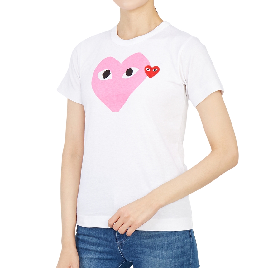 꼼데가르송(COMME DES GARCONS) 더블하트 레드와펜 라운드넥여자 반팔티셔츠 AZ T105 051 4