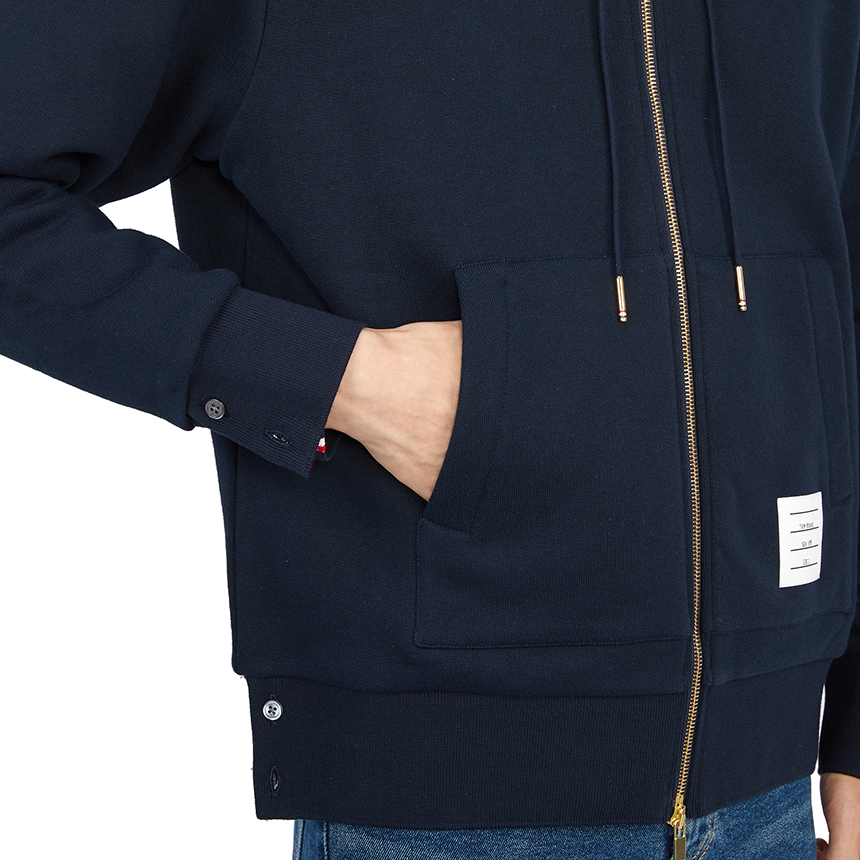 톰브라운(THOM BROWNE) 삼선 스트라이프 루프백 남자 후드 집업 가디건 MJT153A 03377 415