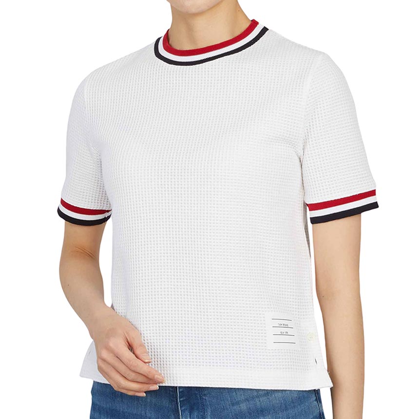 톰브라운(THOM BROWNE) 체크 삼선 스트라이프 프레이밍 여자 반팔티셔츠 FJS117A 08136 100