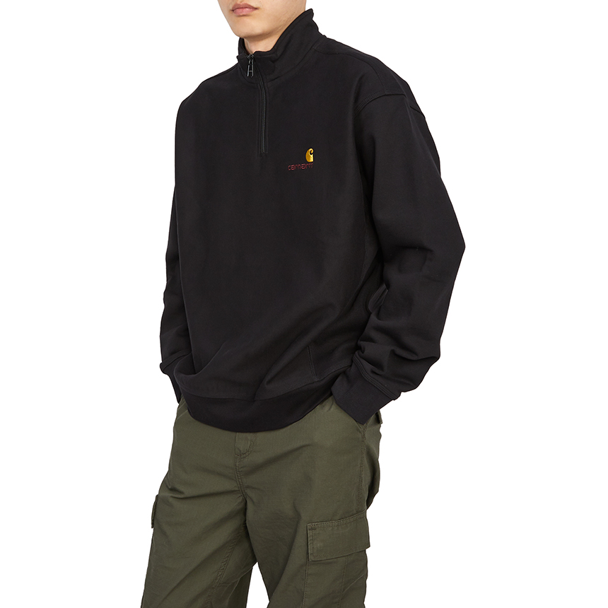 칼하트윕(CARHARTT WIP) 아메리칸 스크립트 반집업 남자 하이넥 기모 긴팔 맨투맨 티셔츠 루즈핏 I027014 89XX